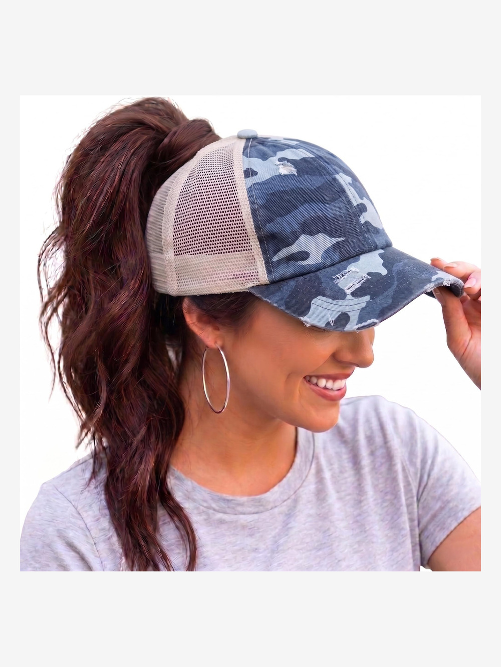 Criss Cross Ponytail Cap, Messy Bun Distressed Baseball | Tan, Blue | Size OS